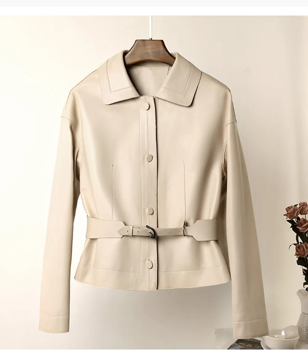 Spring Autumn Designer Women's Genuine Leather Belt Jackets Korean Style Sheepskin Short Coat C211