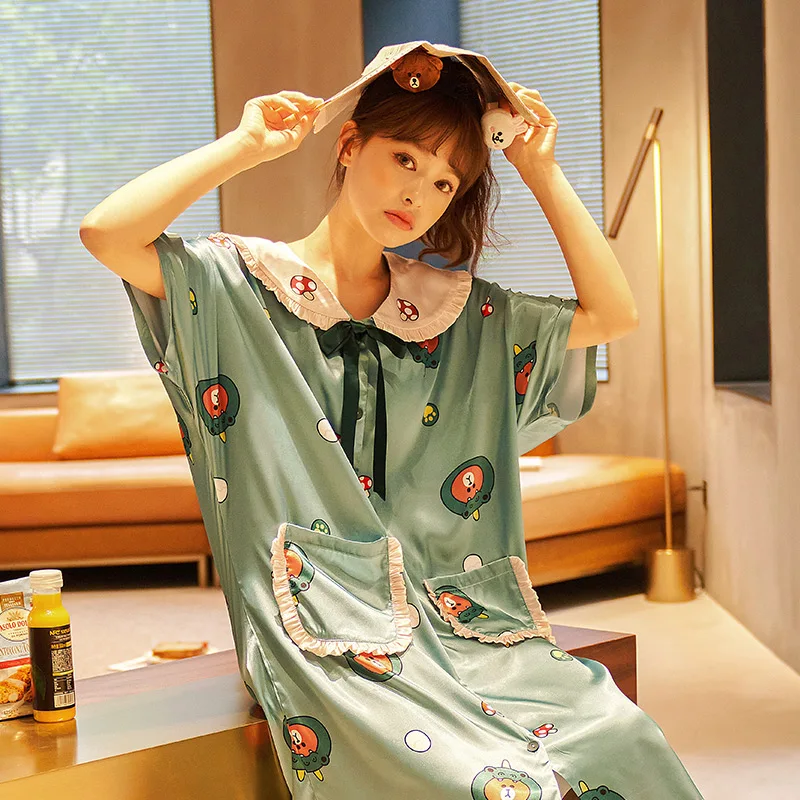 

Summer Nightdress Women's Ice Silk Thin Short Sleeve Plus Size Loose Fairy Pajama Nightgrowns Set