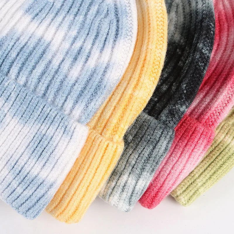 

Warm Autumn Winter Bonnets For Women Tie Dye Cap Beanie Cotton Soft Casual Short Melon Mens Hat Beanies Hip Hop Caps Accessories