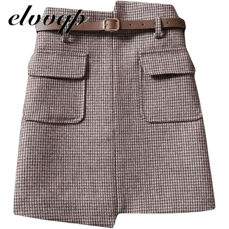 

Модная элегантная Асимметричная Женская юбка, милая Осенняя мини-юбка А-силуэта с высокой талией, шерстяная клетчатая юбка, шикарная Женская юбка Lu1538