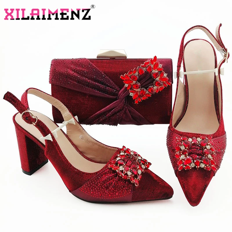 

Latest Style Ladies Pointed Toe Shoes With Matching Bag Set African Rhinestone High Heels Sandals And Bag Set in Wine Color
