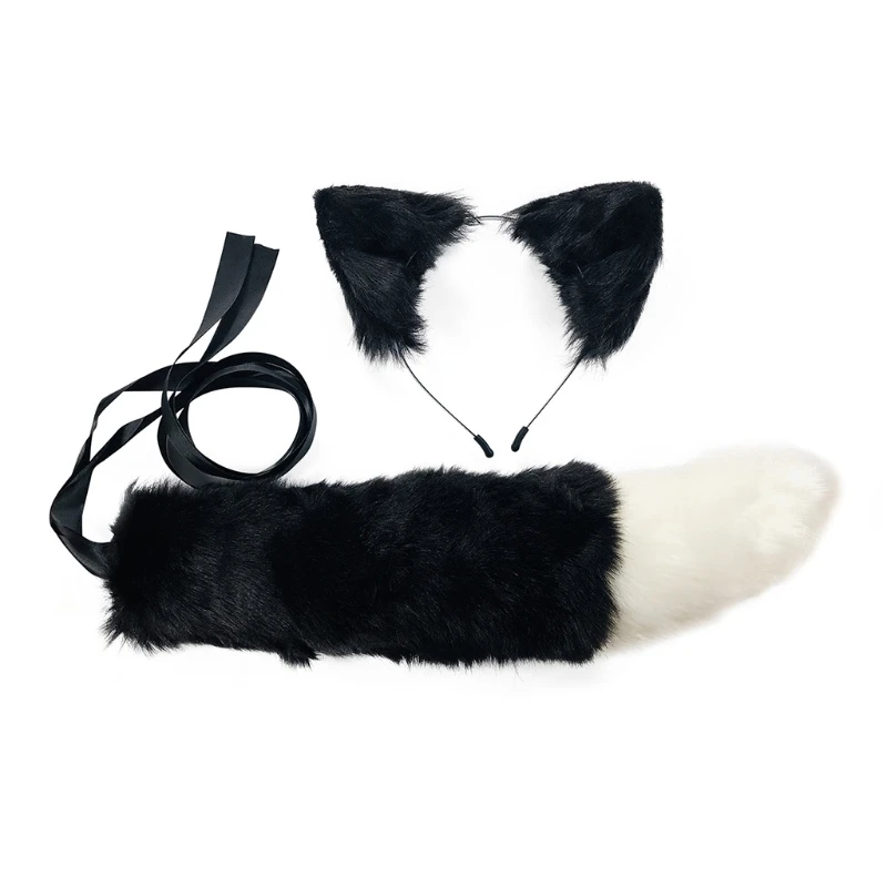 Повязка на голову с ушками волка и котенком из искусственного меха комплект