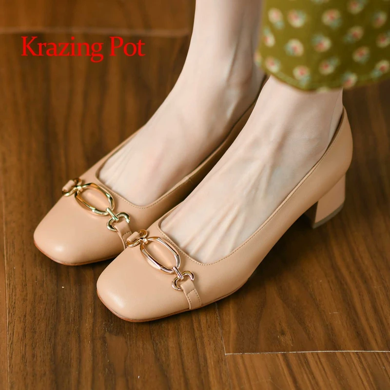 

Krazing Pot 2022 spring new arrival sheep leather square toe med heel metal decorations French romantic elegant women pumps L50