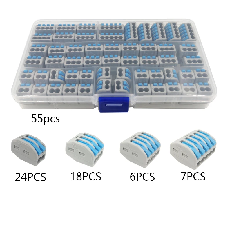 55PCS Blue Тип коробки Кабельный разъем в коробке клеммный блок компактный Универсальный Домашнее освещение провода разъем для внутреннего Гибридный быстрый разъем - Цвет: 55PCS Blue