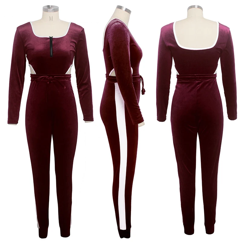 

Women Jumpsuit Fitness Hollow Out Long Sleeve U-shaped Neck Romper Color Block Casual Clothes Playsuit for Female Ladies New