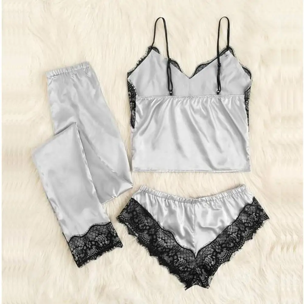 Сексуальная Женская пижама комплект из 3 предметов атласная шелковая Домашняя