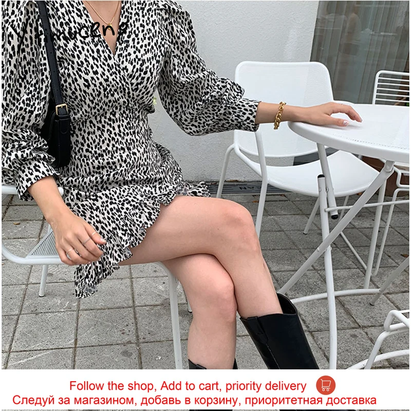 

Yitimuceng Leopard Dresses for Women Ruffles Puff Sleeve Vintage Dress Fashion High Waist Black Sundress 2021 Spring Summer