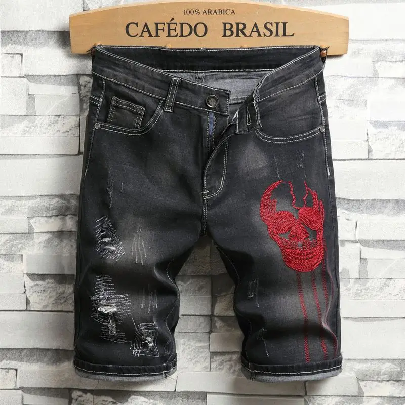 Новая летняя коллекция Для Мужчин's Джинсовая шорты с вышивкой отверстие череп