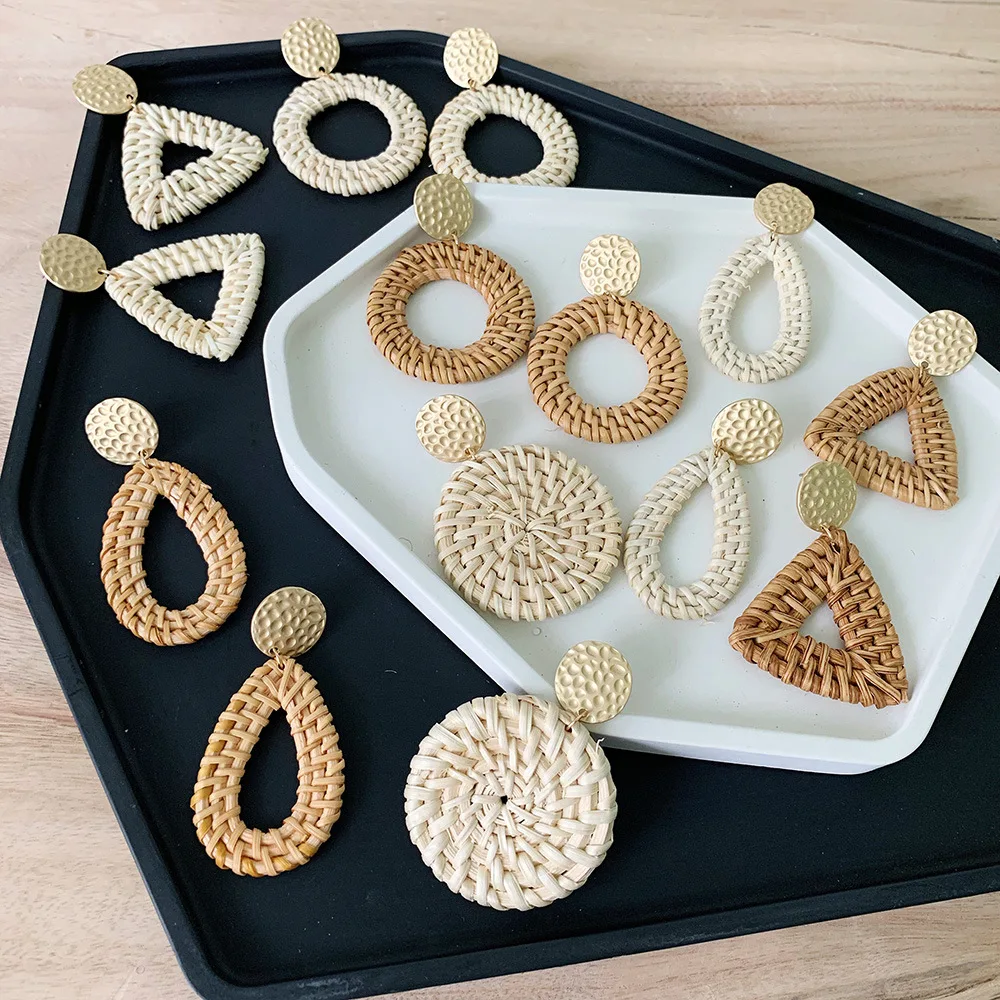Bohemia Wicker Rattan Knit Earrings Ethnic Wood Bamboo Weaving Geometric Circle Statement Drop Earrings for Women Jewelry