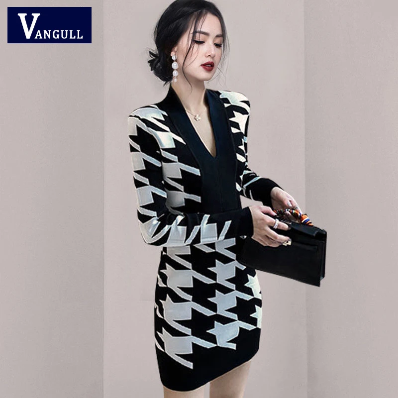

Vangull модное винтажное клетчатое мини-платье, женское облегающее платье-свитер с запахом, женское трикотажное платье с длинным рукавом на мо...