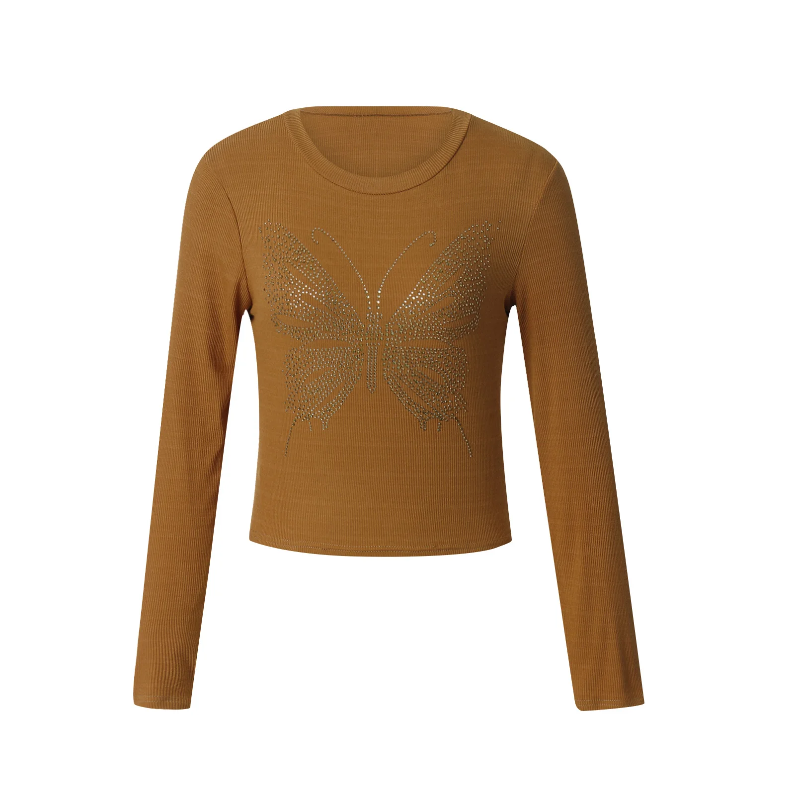 

Женский Осенний укороченный топ, облегающая футболка с длинным рукавом и круглым вырезом для взрослых