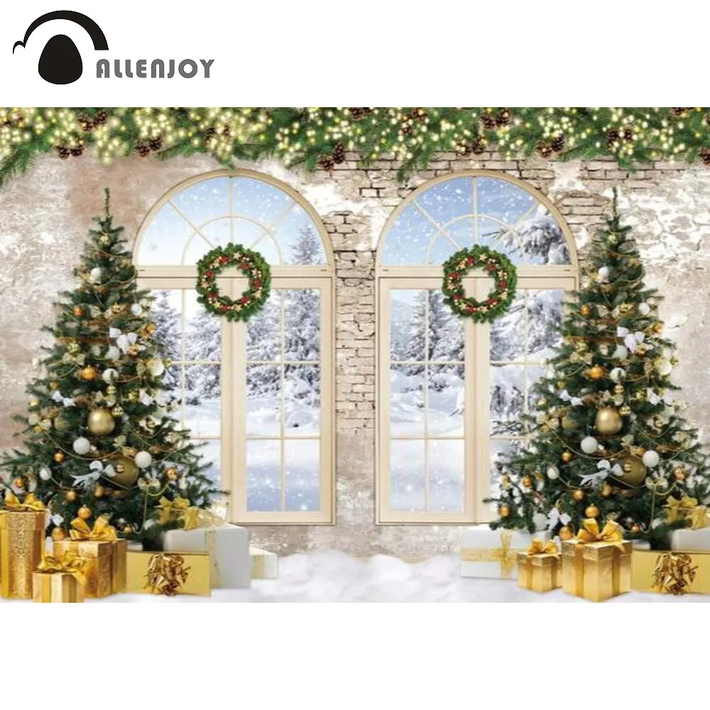 

Allenjoy Merry Christmas Party Winter Backdrop Wreath Brick Wall Gifts Trees Snow Bells Lights Banner Photozone Background