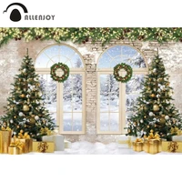 allenjoy merry christmas party winter backdrop wreath brick wall gifts trees snow bells lights banner photozone background