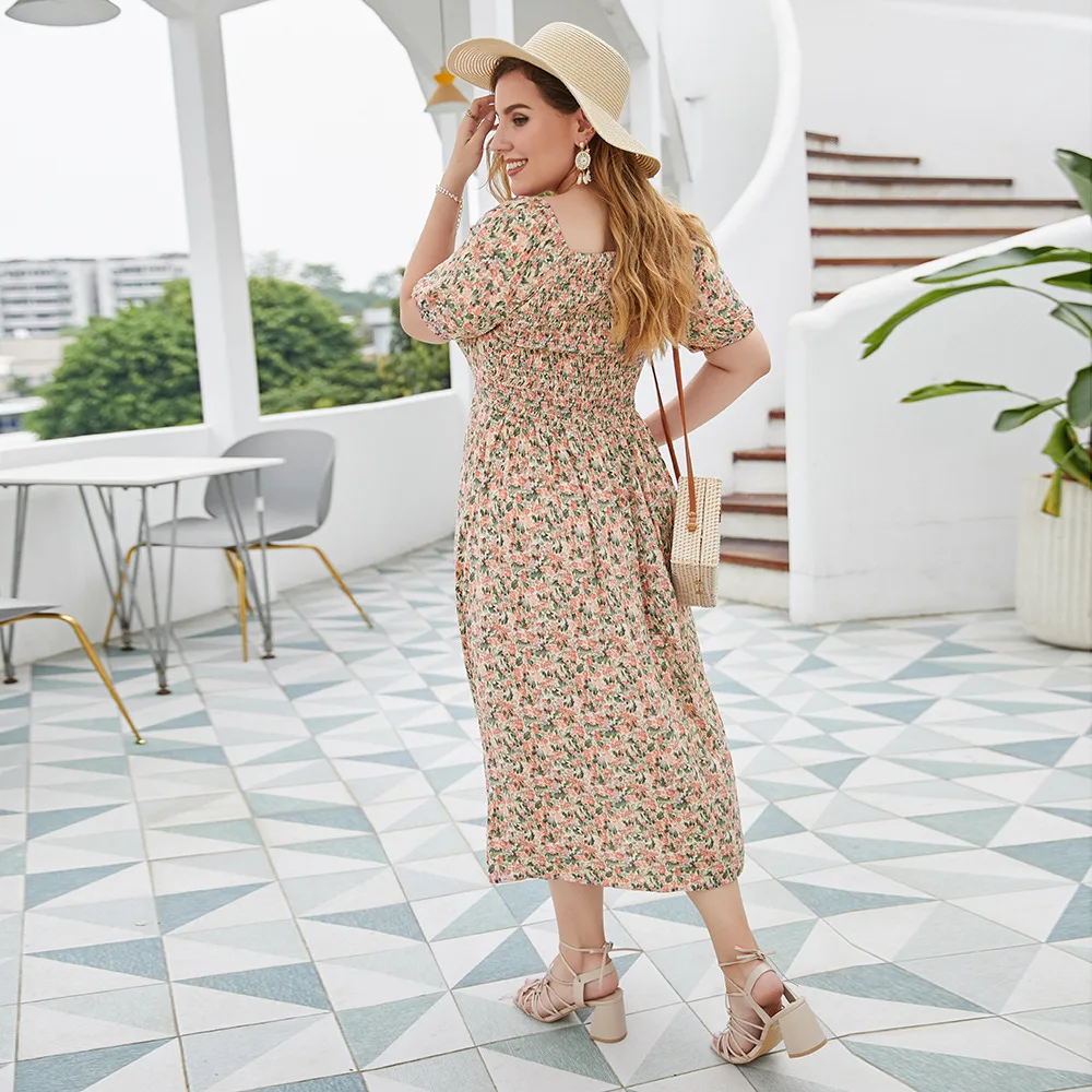 

Women's 2021 New 4XL Pink Printed Dresses for Fashion Plus Size Square Collar Short Sleeve Waist Floral Long Dress for Laides