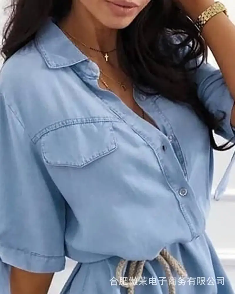 

Mandylandy Women's Casual Short-Sleeved Dress Autumn Fashion Solid Color Turn-down Collar Buttons Sexy Mini Dress