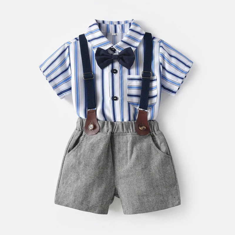 

Toddler Boys Gentleman Suit 2021 Summer Striped Shirts Suspender Shorts Kids Boys Korean 2pcs Set Baby Clothes Boys Summer Sets