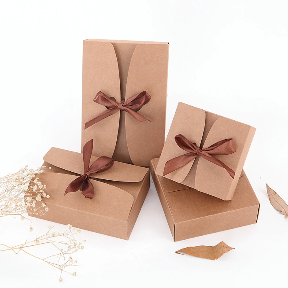 

Square Kraft Paper Box Cardboard Package Valentine's Day Gift Candy Storage Boxes With Ribbons Home Storage Box