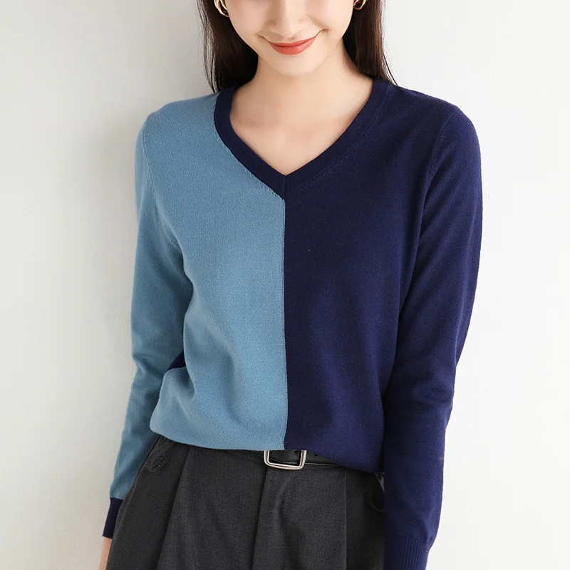 

patchwork sweaters for women V-neck soft thin ladies jumpers casual Tops female stylish pullover