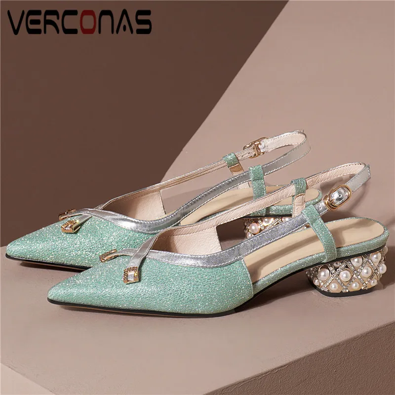

VERCONAS Women New Arrival Buckle Pearl Brand Design Thick Heel Fashion Pointed Toe Thick Heels Sandals Comfortable Shoes Woman