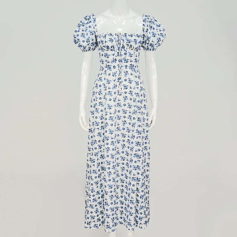 

Floral Print Dress Square Collar Puff Sleeve Side Spilt Drawstring Sexy Midi Dress Women Party Chic Night Outfits 2020