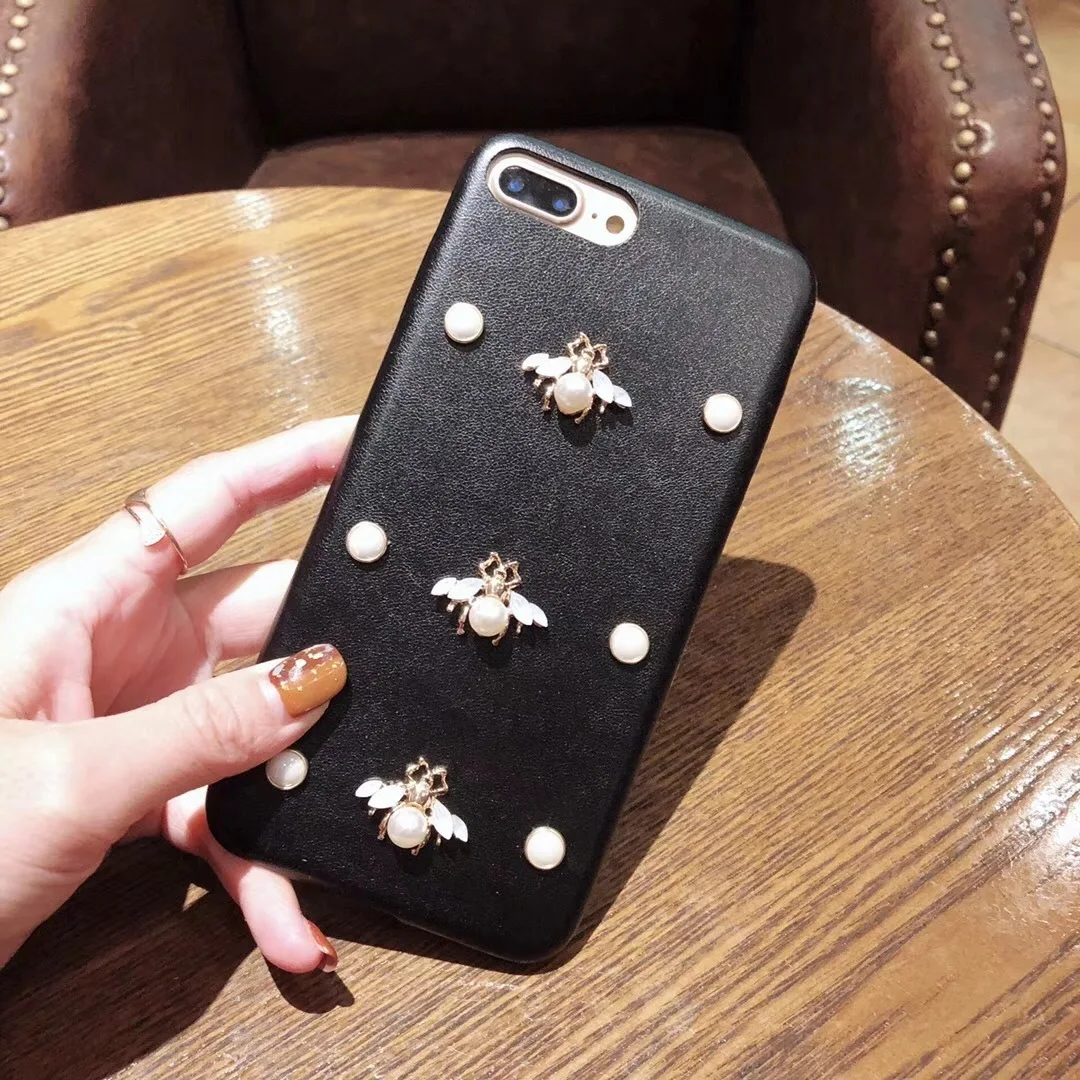 Роскошный кожаный мягкий чехол для телефона для iphone 7 чехол 3D мода алмаз пчела жемчуг Классический чехол для iphone 6 6s 7 8 plus X XR XS Max