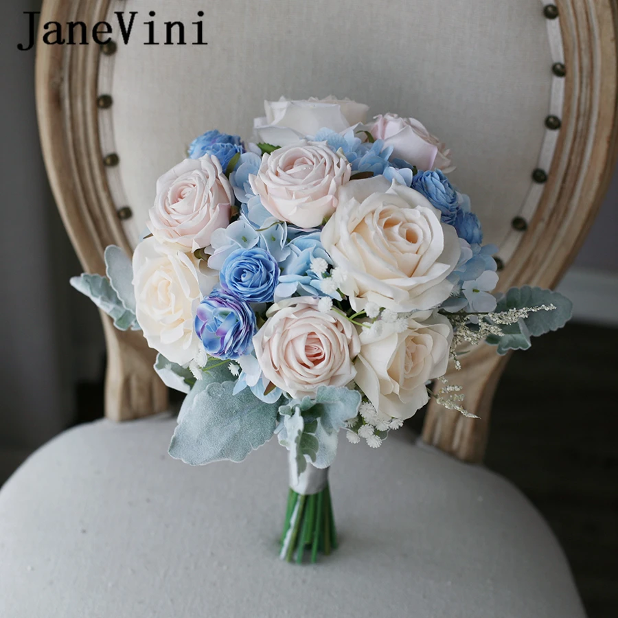 

JaneVini 2021 Romantic Blue Western Bridal Bouquets Fake Peony Flowers Handmade Silk Champagne Roses Wedding Bouquet Accessories