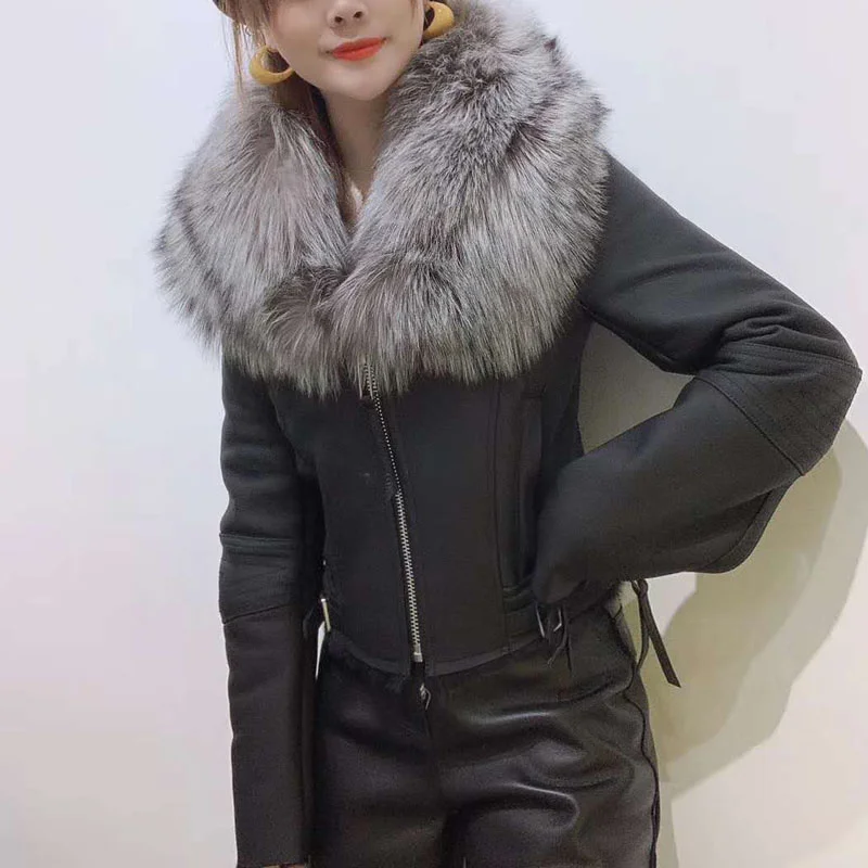 Женское зимнее пальто из натуральной чернобурки с воротником овчины 2022 | Женская