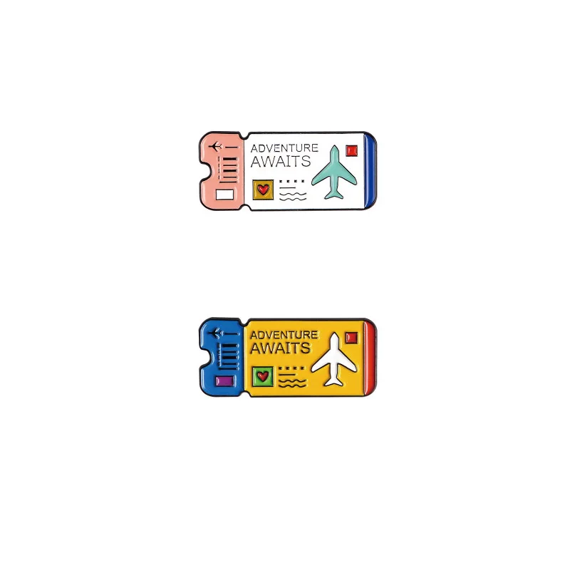 

Air tickets Enamel Pin Custom Adventure Awaits Brooches Shirt Lapel Bag Yellow White Badge Outdoors Jewelry Gift for Friends
