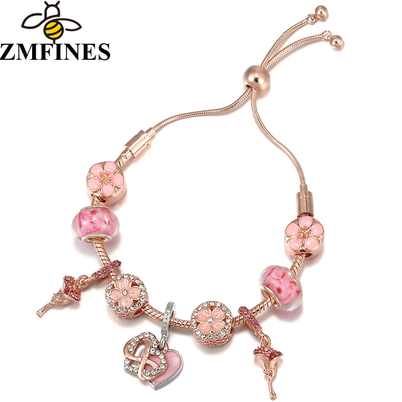 

Браслет из розового золота с эмалью и искусственными цветами, регулируемый браслет с подвесками для женщин, ювелирные изделия, подарок на д...