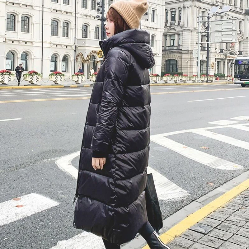 Down jacket women coat 2019 new winter slim shiny thick black long down female fashion hooded outerwear | Женская одежда