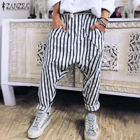 zanzea women elastic waist harem trousers striped pants casual drop crotch pants female loose pantalon cargo pants streetwear