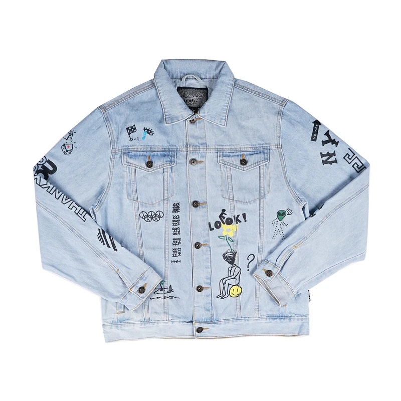 

ABOORUN 2021 Men's Fashion Denim Jackets Flowers Graffiti Jean Jackets Hip Hop Cotton Coat for Male
