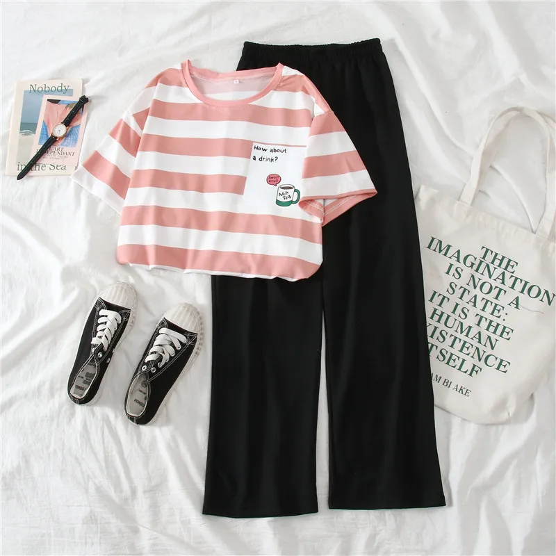 Casual Women Sets 2 Piece Relaxed Striped Short Sleeve Outfits T Shirt and Pants Suit Two Set Tracksuit Sweatsuit Clothes | Женская