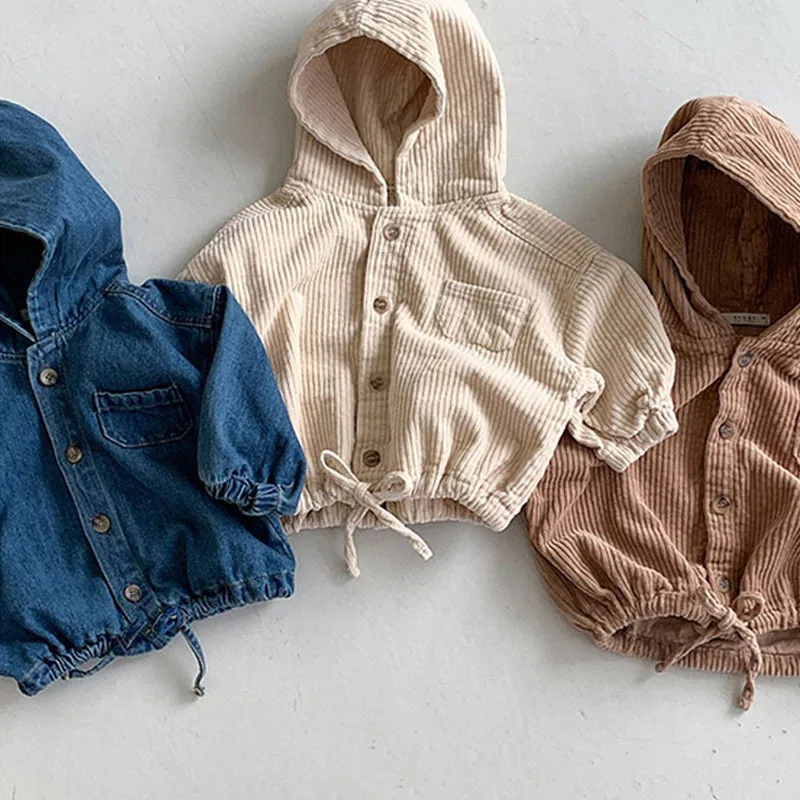 

Toddler Girls Autumn Spring Full Sleeve Hooded Solid Top Outwear Denim Corduroy Jacket Kids Children Fashion Jacket 6M-5Y