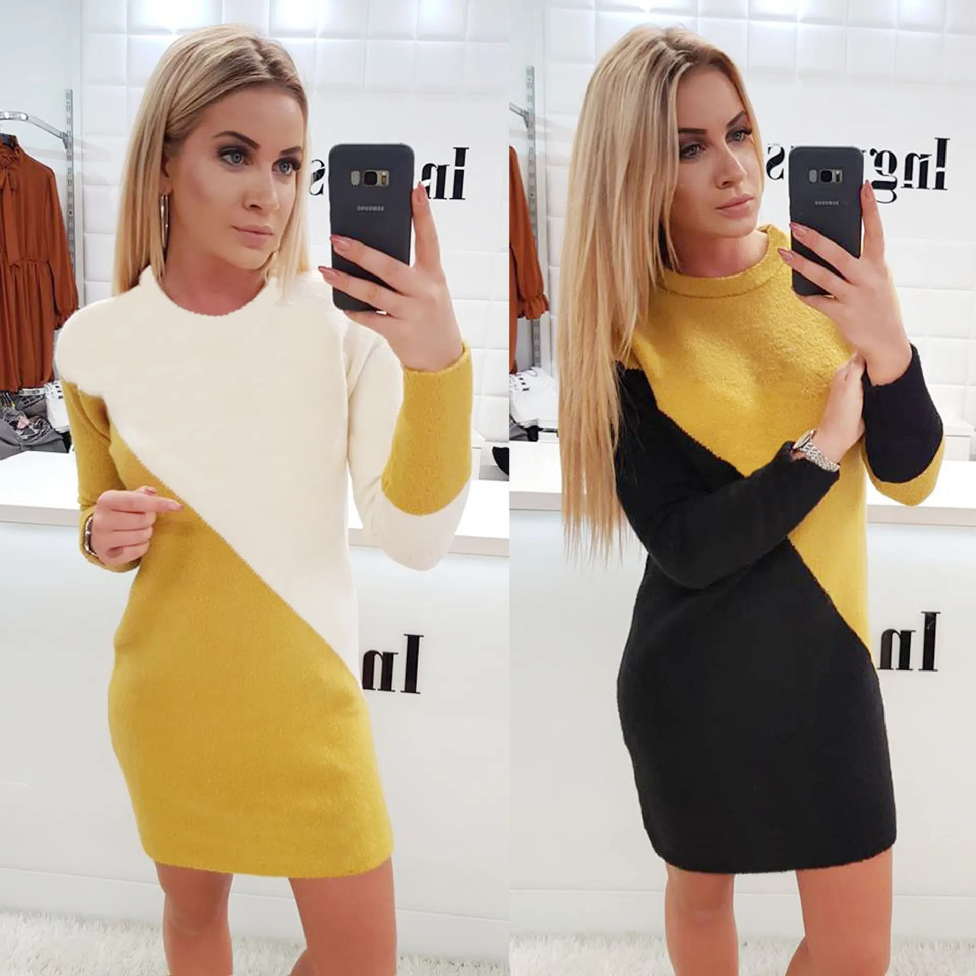 Женская мини рубашка с длинным рукавом белого желтого и черного цвета платье из