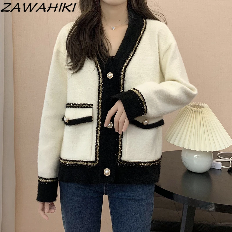 

ZAWAHIKI Sweater Pullover Women Spring Autumn New Retro Loose V Neck Lazy Style Long Sleeve Contrast Color Knitted Cardigan Tops