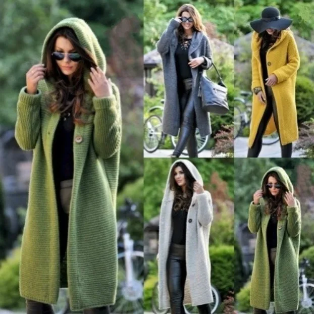 

Women Long Cardigan Solid Knitted Hooded Sweater 2021 Autumn Winter Female Coat Plus Size 5XL Casual Streetwear Loose Coat