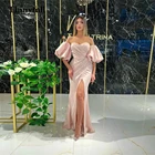 Женское вечернее платье с коротким рукавом, светло-розовое платье невесты с разрезом сбоку, платье для выпускного вечера, 2022