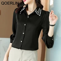 qoerlin m 3xl silk shirt fashion beaded button up shirts women elegant long sleeve loose office ladies black blouse