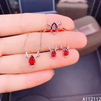 fine jewelry 925 pure silver inset with natural gem womens luxury exquisite deer red garnet pendant ring earring set support de