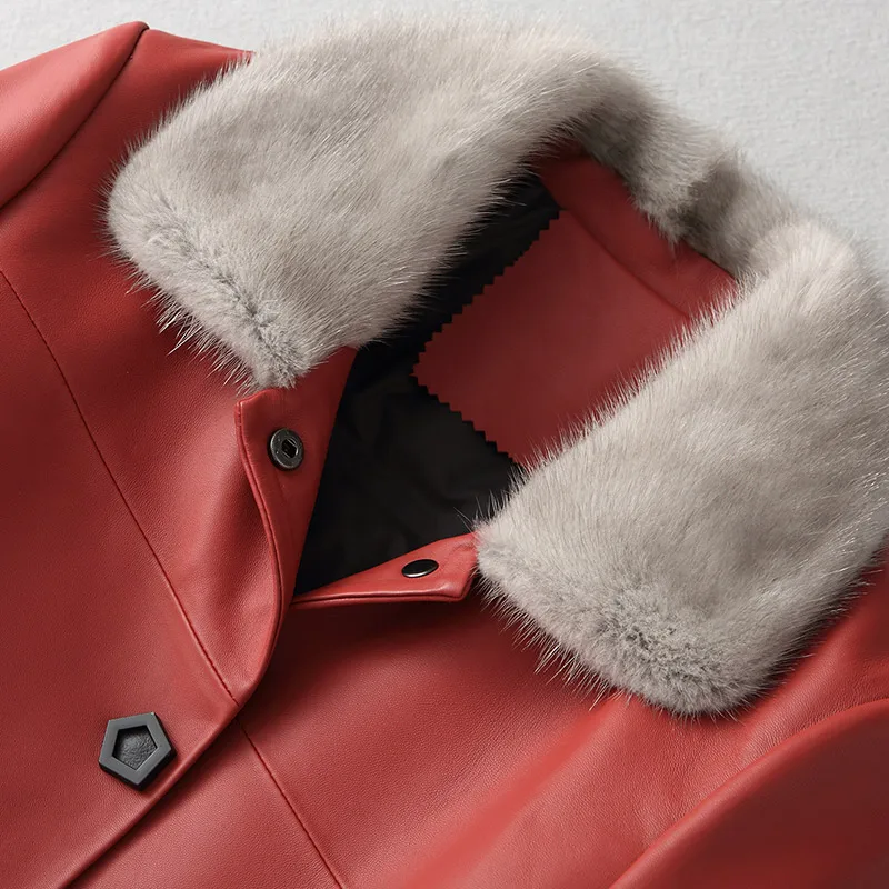 

Genuine Jacket Leather Red Real Sheepskin Coat Female Natural Mink Fur Collar Women's Winter Down Jackets 29029 WYQ2097