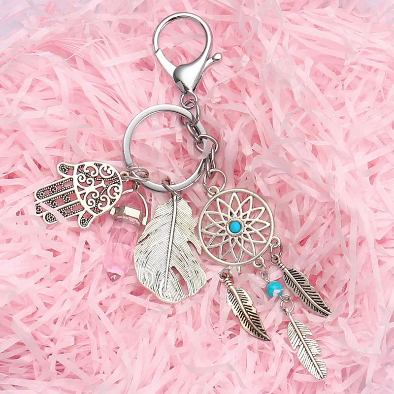 Брелок для ключей в виде Ловца снов перо ручная работа цветной камень Ловец