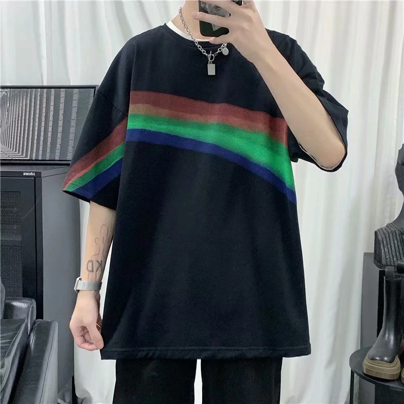 

Rainbow Print Graffiti Short Sleeve Men Tshirts Summer Trend Loose Fashion Simplicity Tops Korean Style Woman Oversized Clothes