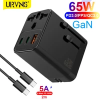 urvns 65w gan usb c travel charger with ac socket 2port pd 65w45w20w 1port usb 22 5w fast adapter 5a cable for laptopphone