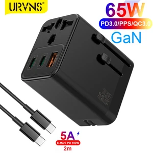 urvns 65w gan usb c travel charger with ac socket 2port pd 65w45w20w 1port usb 22 5w fast adapter 5a cable for laptopphone free global shipping