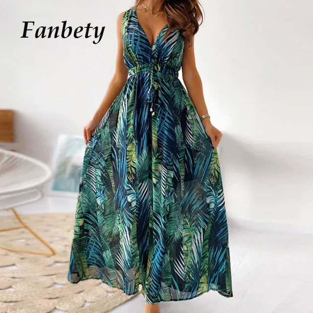 

Women Fashion Tie-Up Backless Party Beach Dress Sexy V Neck Boho Long Dress Summer Ladies Elegant Print Sleeveless Maxi Dresses