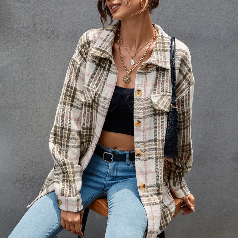 

Women’s Casual Long Sleeve Plaid Shirt Jacket Loose Autumn Winter Fashion Lapel Button Coat Cardigan with Fake Pockets Outwear