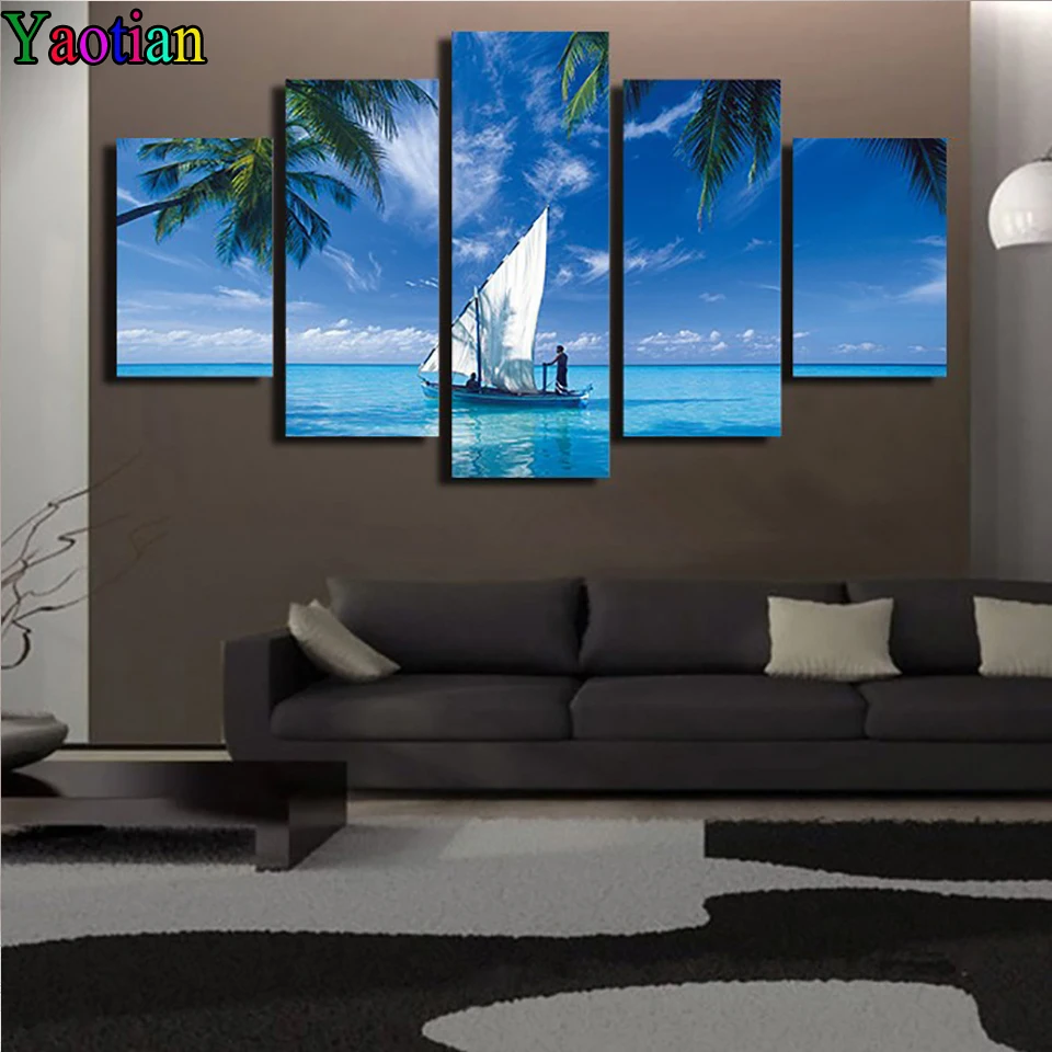 

Full Drill Diamond Painting 5 Piece/Pcs Blue Ocean Sailboat 5D Diy Rhinestones Mosaic Diamond Cross Stitch Kits Room Decor Decal