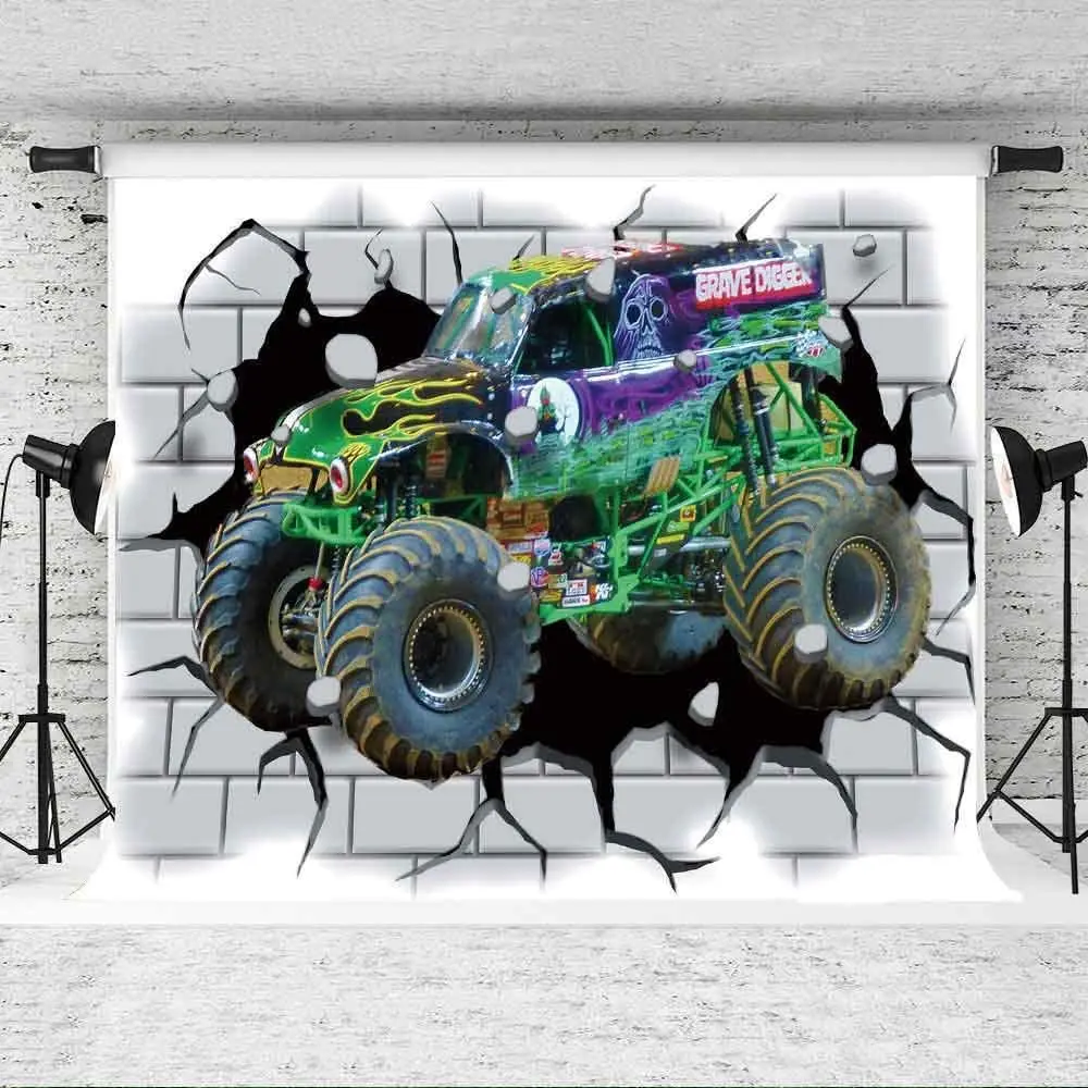 

Monster Car Truck Photography Backdrop Racing Cars Kids Birthday Background Big Wheels Banner Studio Props