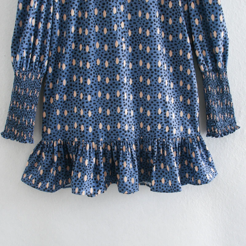 

New Women Turtleneck Long Sleeve Wave Point Dot Print Fashion A-Line Dress Pleated Ladies Elegant Vintage Mini Vestidos NZ0315